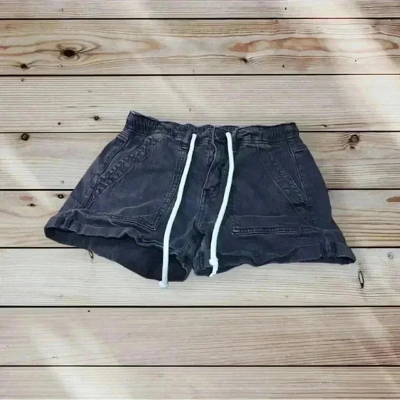 American Eagle Black Denim Drawstring Shorts Size 0 - Picture 1 of 6